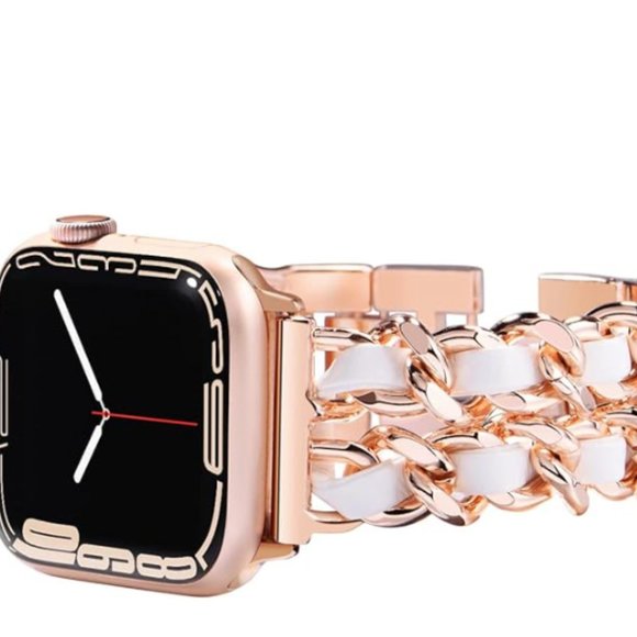 Amazon Jewelry - NWOT - Rose Gold Link with White Leather Apple Watch Band